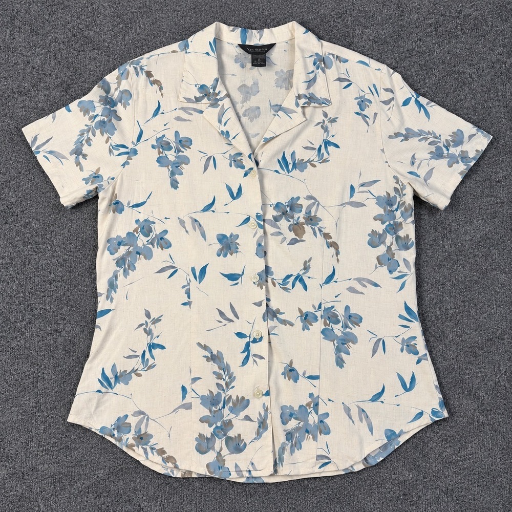 Van Heusen Womens Linen Blend Floral Shirt M Blue White Button Up Camp Collar